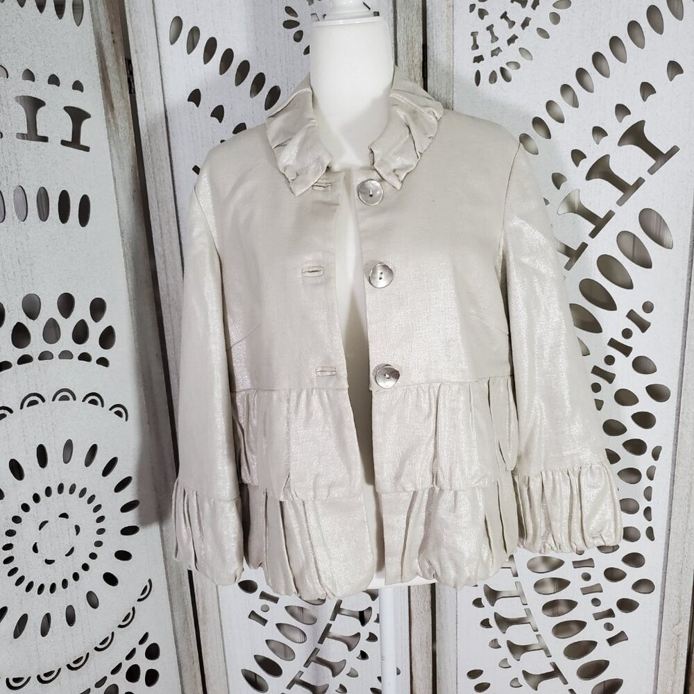 3 Sisters Metallic Quarter Sleeve Jacket Ruffled Collar Size L - Picture 2 of 13